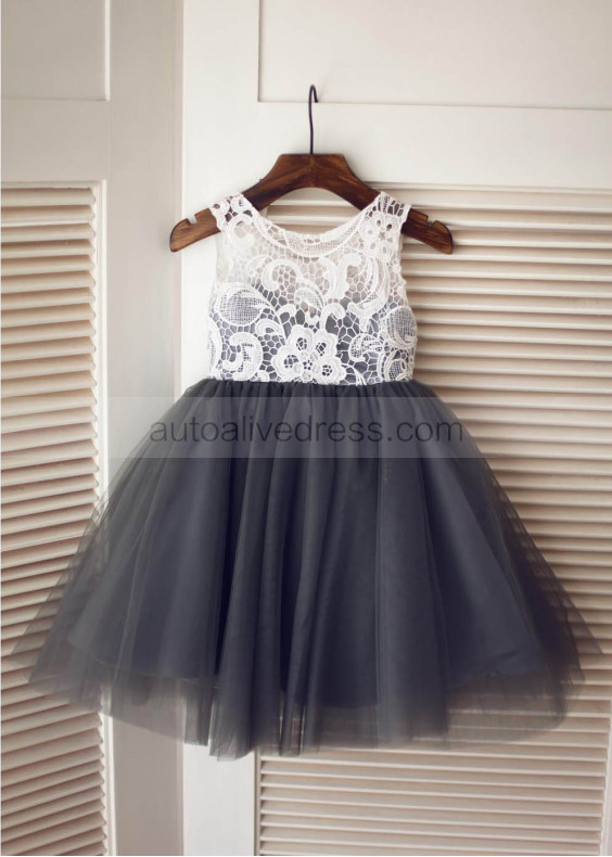 Ivory Lace Dark Gray Tulle Knee Length Flower Girl Dress